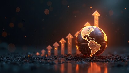 Fototapete - Glowing globe with upward arrows symbolizes global growth and progress in dark abstract environment. Business, finance, technology, digital marketing, economic growth concepts.
