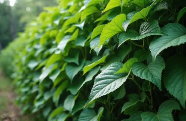 Poster - Vibrant thicket of kudzu leaves. Bright green foliage, natural texture. Kudzu plant background, fresh park scene. Wild wall plants texture, botanical aesthetic. Summer nature, natural growth.