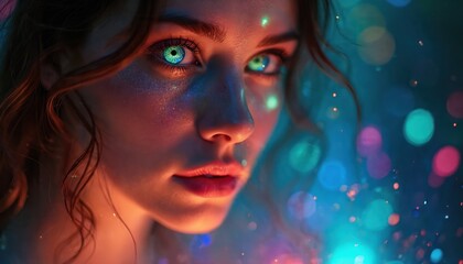Aufkleber - Close-up portrait fantasy woman with luminous rainbow aura. Dreamlike features glowing with inner light. Vibrant eyes mesmerize, hint magical realm. Aethereal, whimsical look. Ideal for book cover,