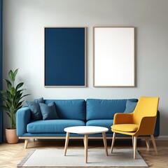 Fototapete - Modern living room interior with blue sofa, yellow chair, white table, poster frames. Minimalist decor design with wood floor, curtain, plant. Cozy home space apartment.
