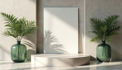 Aufkleber - Minimalist mockup product showcase. White podium stage with blank canvas, shadow overlay, green glass vase with plants. Natural theme, neutral colors, sunlight. Modern interior design, product