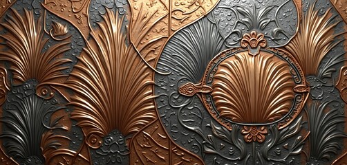 Aufkleber - Abstract metal texture with intricate relief design. Copper gold bronze silver shades with geometric patterns. Modern contemporary art style with ornamental elements. Perfect for background design