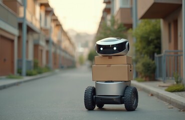 Poster - Autonomous delivery robot transports cardboard boxes in residential area. Modern technology for package delivery, e-commerce. Artificial intelligence logistic system. Self-driving vehicle on urban
