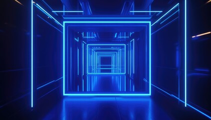 Blue neon light framed corridor