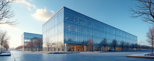 Aufkleber - Modern office buildings commercial real estate. Glass facade reflects blue sky, sun. Contemporary architecture, business district infrastructure, urban planning. Development investment, property