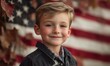© Tunsale - Patriotic boy with American flag design in candid portrait. AI generated illustration.
