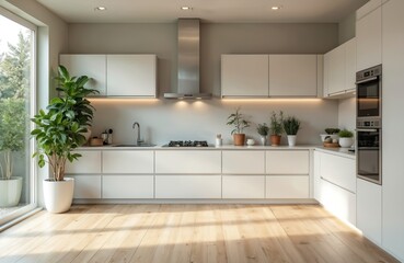 Aufkleber - Stylish, spacious, modern kitchen design. Features luxury home interior with modern appliances, sink, faucet, counter, table. Elegant comfortable apartment with contemporary house design, nobody.