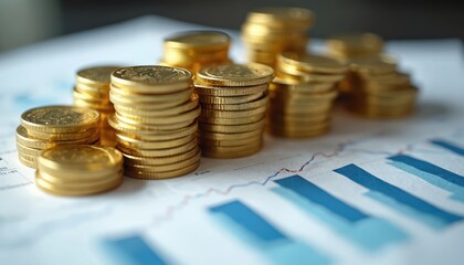 Poster - Stacks of gold coins on financial documents, charts represent financial growth, investment portfolio. Money, capital, profit, wealth management. Economic success concept.