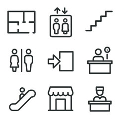 indoor mapping icons. outline icon set of indoor mapping: floor plan layout, elevator icon, stair ou