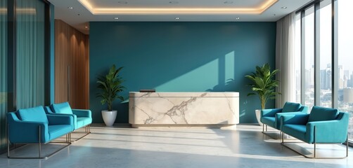 Poster - Modern waiting area in teal blue, elegant reception desk marble style. Comfortable chairs, green plants, large windows overlooking cityscape. Minimalist design, luxury, clean space.