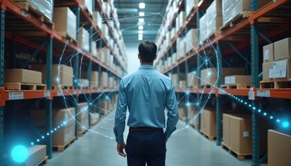 Poster - Man explores tech-enhanced warehouse. AI, IoT devices, WiFi 7 tech streamline inventory. Pro, manager, supervisor views storage racks. Efficient logistics, distribution, supply chain optimization,