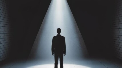 Poster - Professional businessman standing solitary in darkened interior, spotlight casting dramatic shadowsymbolizing leadership, ambition, and personal potential amid mysterious corporate landscape