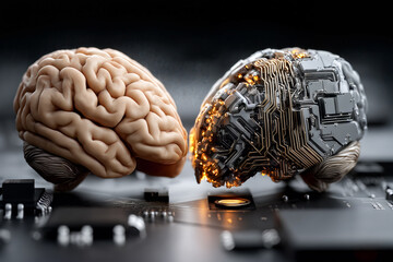Aufkleber - Artificial intelligence versus human brain scene symbolizing technology and cognition clash, concept of AI research, battle for supremacy, future.