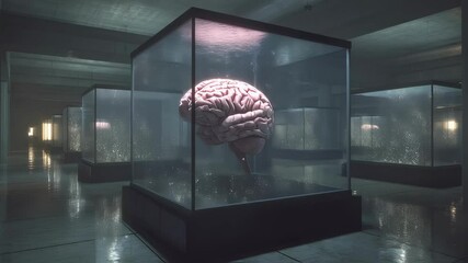 Poster - several human brains float inside glass boxes, immersed in a liquid, within a dimly lit, futuristic 