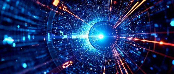 Poster - Abstract digital space, futuristic cyberspace with cyber sphere, data, information and blue light. Concept of ai technology, secure tech, network, security and cybersecurity