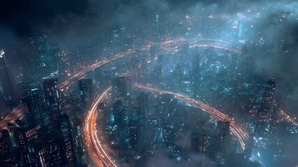 Poster - Illuminated highways encircle a futuristic metropolis at night, with skyscrapers piercing through a layer of fog and clouds, creating a mesmerizing cityscape