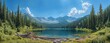 © sunny - Serene mountain lake surrounded by dense evergreen forest under a bright blue sky with scattered white clouds