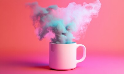 Poster - Colorful smoke rising from mug on pink background; abstract art for websites or design