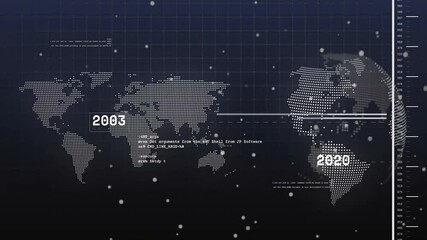 Poster - Dashboard loading showing map and globe rotating, updating years, code and scan lines for timeline