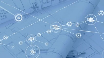Poster - Fuselage blueprint starting glowing icon then expanding globe chart network visualizing data links