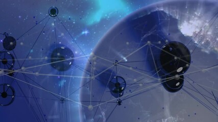 Fototapete - Dark spherical nodes initiating web forming in star field, integrating into rotating globe network