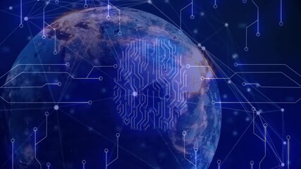 Poster - Rotating Earth forming network grid, sweeping circuits, pulsing fingerprint visualizing data
