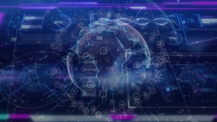 Poster - Hologram globe appearing, rotating while pulsing data nodes and shifting gauges for showing trends