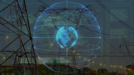 Poster - Holographic sphere appearing over tower rings rotating dispersing reassembling showing energy flow