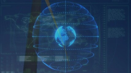 Poster - On first frame appearing wireframe globe emerging, rotating, rings building, pulsing for simulation