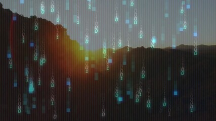 Poster - Sun edge peeking above horizon starting binary digits cascading across ridge illustrating dawn