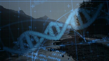Poster - Sunset fading behind peaks causing double helix shifting, rotating, glowing, merging data overlays