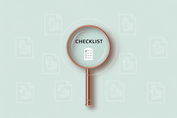 Poster - A checklist under a magnifying glass on a light blue background with document icons around it