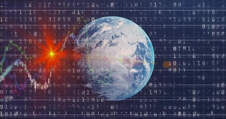 Poster - Binary overlay intensifying on grid initiating 3D earth emerging with rising chart, pulsing flares