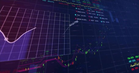 Poster - Grid fading in candlestick forming arrow pointing lines rising circles pulsing showing market data