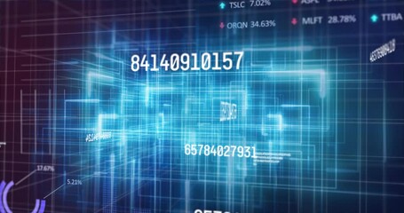 Poster - Close-up starting glowing 3D wireframe rotating and revealing drifting numbers into data dashboard
