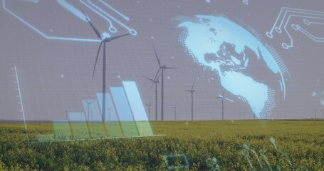 Poster - Wide shot opening globe appearing as turbines spinning, growing graphs and circuits displaying data