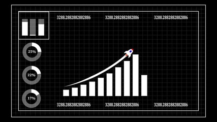 Poster - Data infographic with rocket icon showing tech progress. Animated infographic visualizing data with graphs charts and a rocket icon for progress on a black gridded background for presentations