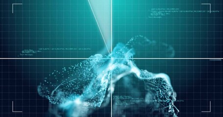 Poster - Teal grid fading in starting scanning rings pulsing particle figure showing data before fragmenting