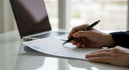 Poster - Close Up Of Hand Holding Pen Over Graph On White Paper With Laptop On Desk In Bright Office Space Filled With Natural Light