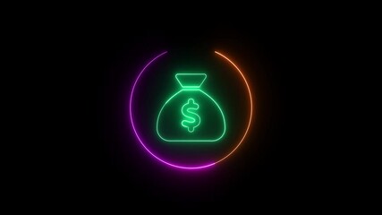 Poster - Money bag with glowing dollar sign and circle. Animated neon dollar sign in money bag with glowing circle on black background for finance and savings concept