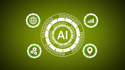 Poster - Artificial intelligence in global networks. Animated artificial intelligence technology with global network and data analysis icons over green background