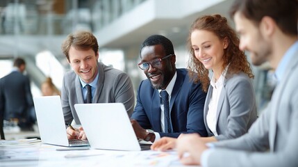 Poster - Diverse Business Team Collaborating Around Laptops in Modern Office