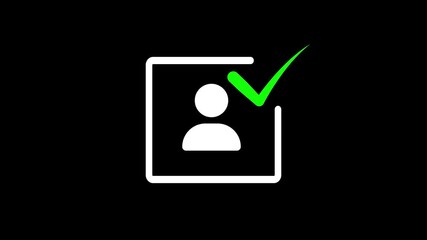 Poster - Verified profile indicated by green checkmark. Animated profile icon with green check mark indicating approval against a black background for verification process.