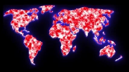 Poster - World map with vibrant data visuals. Digital animated world map displaying abstract red and white data patterns with blue neon borders on dark background