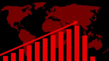 Poster - Global bar graph rising over world map indicating growth. Global economic growth and world map depicting upward trend of rising bar graph data visualization on black background