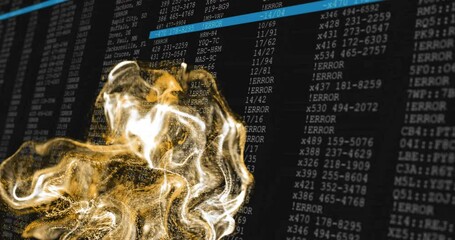 Poster - Brief black screen cutting to glowing golden fluid undulating blue bar scanning code showing data