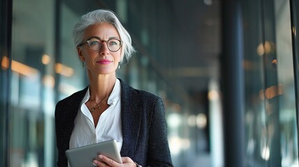 Poster - Confident Businesswoman Holding Tablet in Modern Office Environment