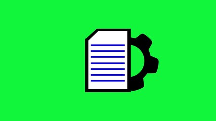 Poster - Settings and data flow shown with gear and document. Abstract animation of document and gear symbol on vibrant green background representing settings and data processing