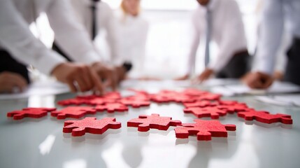 Poster - Group of Colleagues Collaborating Around a Table with Puzzle Pieces