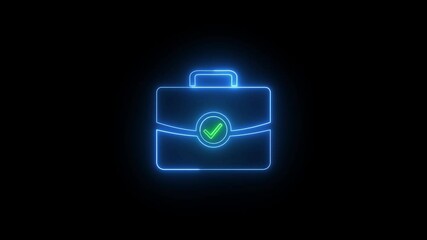 Poster - Business briefcase icon with approval checkmark. Glowing neon briefcase with checkmark symbol on black background animation of business icon concept for approval success